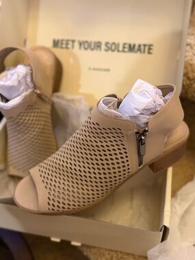 J. Adams Tracy Peep-Toe Sandal in Taupe with Side Zippers and 1.25” block heel